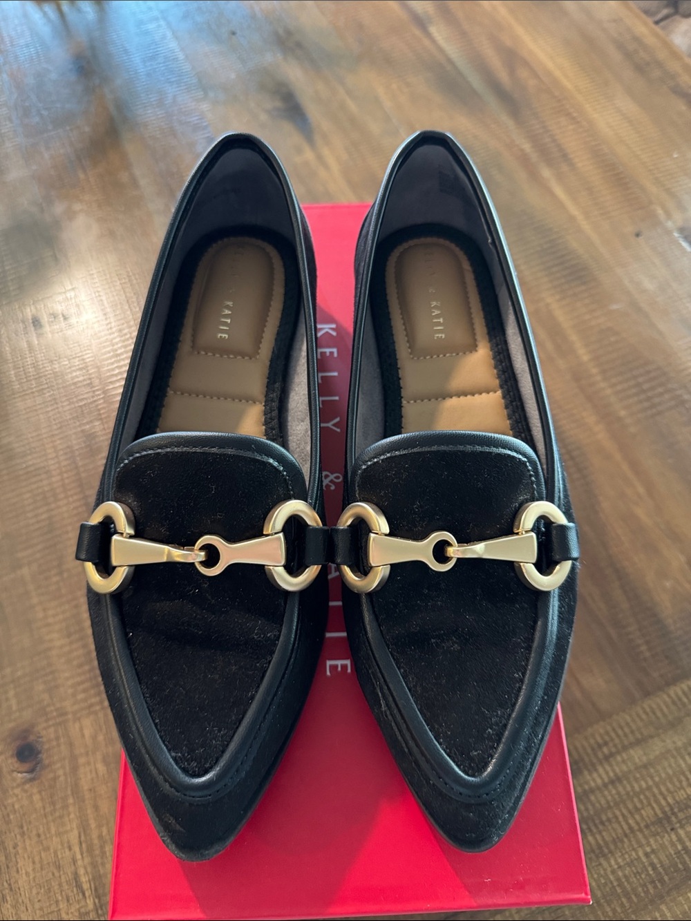 Kelly & Katie Black Pointed Toe Loafers with Gold Bit